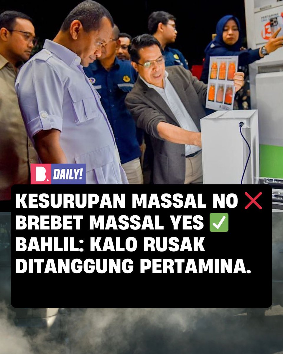 Ratusan motor di Jawa Timur mendadak brebet usai isi bensin di Pertamina. Setelah dicek, ternyata bensinnya tercampur air 💦. 

Bahlil pun turun tangan, memerintahkan timnya menyelidiki. Jika terbukti kerusakan akibat bensin itu, biaya servis bakal diganti 💸.