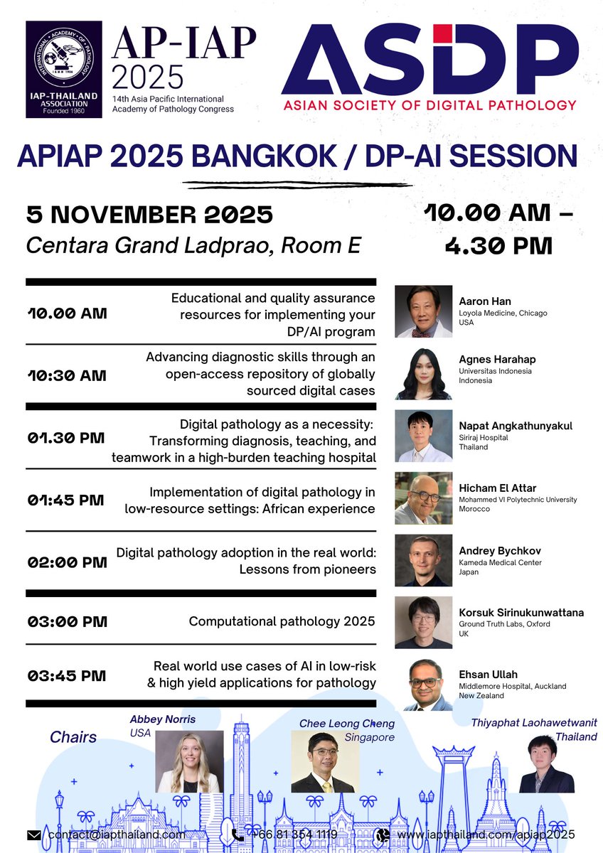 asdp_ai's tweet image. 🌏 ASDP is proud to present DP-AI session at the upcoming Asia-Pacific International Academy of Pathology (AP-IAP) Congress

🇹🇭 Bangkok, Thailand
📅 November 5 (Wed)
🕙 10:00AM-4:30PM
📍 Centara Grand Ladprao, Room E

#ASDP #DigitalPathology #ArtificialIntelligence #APIAP2025