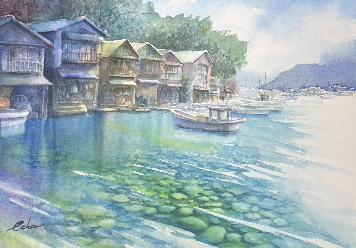 水彩画 ボートと風景 グレー系 水彩画 ボートと風景 グレー系 Watercolor painting with a pen
