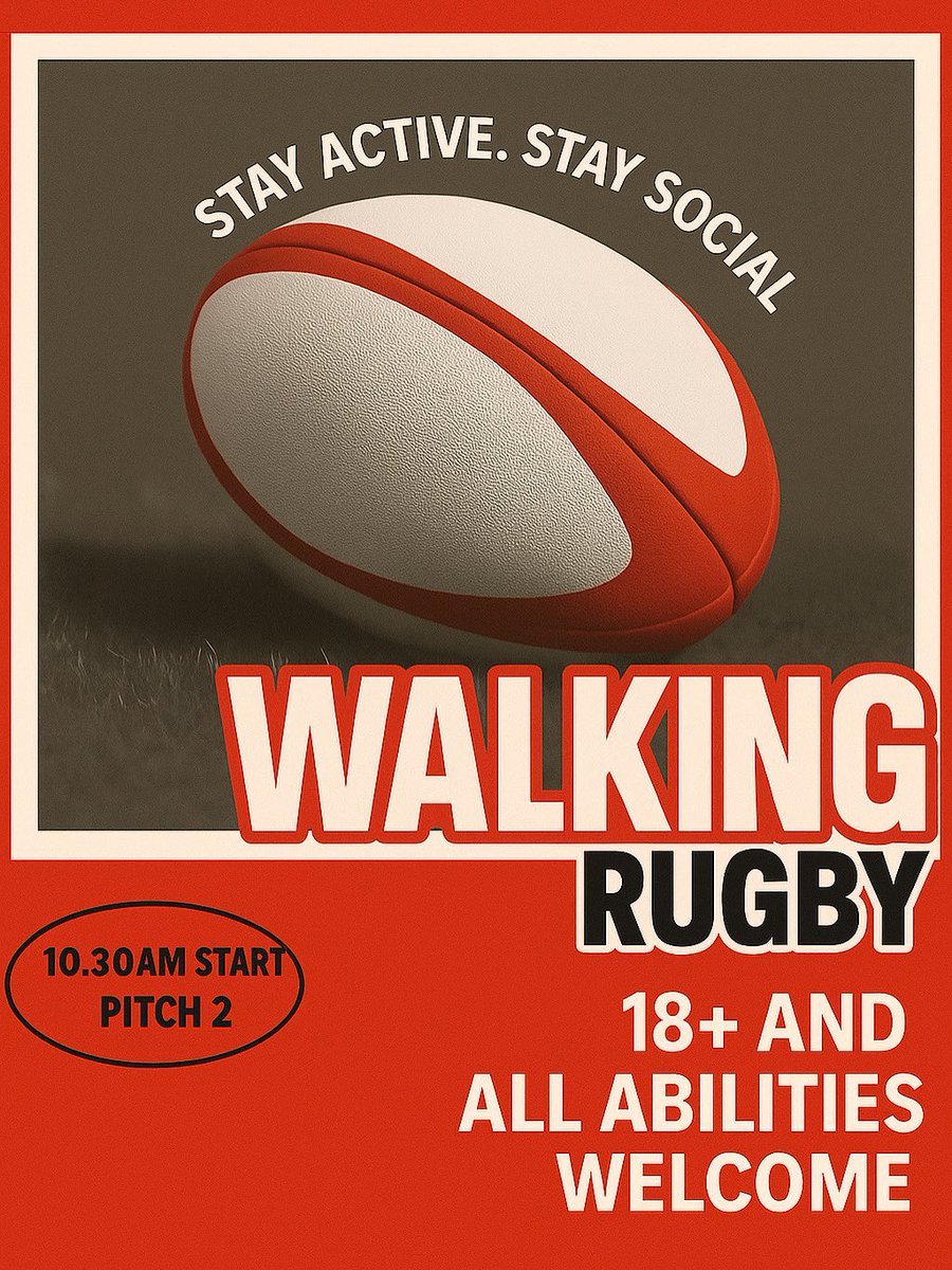🏉 WALKING RUGBY 🏉

Join us tomorrow for a fun and social morning of Walking Rugby.

📅 Date: Saturday 1st November
🕥 Time: 10:30 AM start
📍 Location: Pitch 2
👥 Who: 18+ and all abilities welcome

No running, no tackling 🙌
Come along, bring a friend, and get involved.