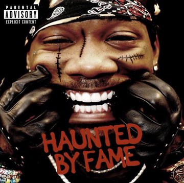 First image shows a close-up of a man with facial scars and stitches wearing a patterned bandana and black gloves, smiling broadly with teeth visible, against a dark background, overlaid with bold orange text Haunted by Fame and a parental advisory explicit content label at the bottom. Second image displays a blue-tinted tracklist graphic for the album, listing tracks such as 1. Free Pick 2. Haunted Again ft. YoungBoy Never Broke Again 3. Okay Okay ft. Fashion Icon 4. No Sweat 5. Feard ft. YoungBoy 6. Problem ft. Lil Dump 7. N.A.M.E. ft. N.O.G.A. 8. Another Problem 9. YA Digg 10. No Regrets 11. Headhunter.