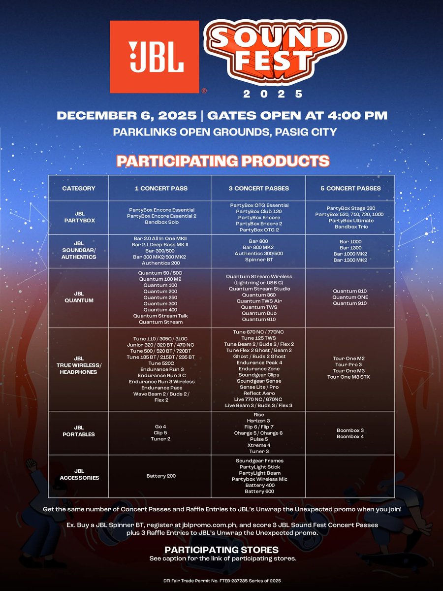 Here's how you can score your 𝗙𝗥𝗘𝗘 𝗝𝗕𝗟 𝗦𝗼𝘂𝗻𝗱 𝗙𝗲𝘀𝘁 𝟮𝟬𝟮𝟱 𝗖𝗼𝗻𝗰𝗲𝗿𝘁 𝗣𝗮𝘀𝘀. 🔊

IMPORTANT: Purchase participating JBL products and register at jblpromo.com.ph starting 𝗡𝗼𝘃𝗲𝗺𝗯𝗲𝗿 𝟭. 

Participating Stores: bit.ly/43N9OEb