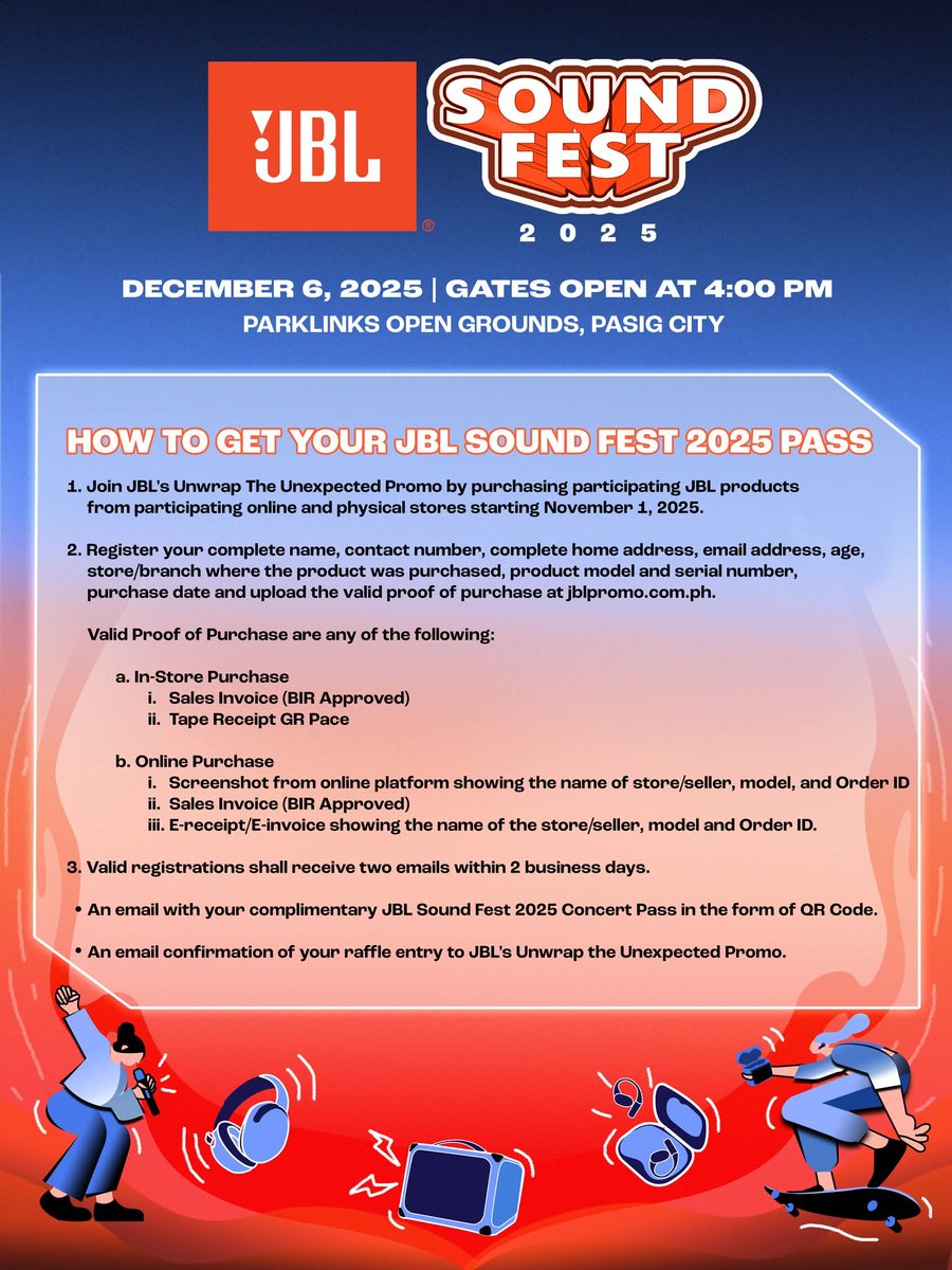 philconcerts's tweet photo. Here's how you can score your 𝗙𝗥𝗘𝗘 𝗝𝗕𝗟 𝗦𝗼𝘂𝗻𝗱 𝗙𝗲𝘀𝘁 𝟮𝟬𝟮𝟱 𝗖𝗼𝗻𝗰𝗲𝗿𝘁 𝗣𝗮𝘀𝘀. 🔊

IMPORTANT: Purchase participating JBL products and register at https://t.co/MSJB3odhGW starting 𝗡𝗼𝘃𝗲𝗺𝗯𝗲𝗿 𝟭. 

Participating Stores: https://t.co/vGHtuwGGTj

#JBLSoundFest2025 #JBLPH