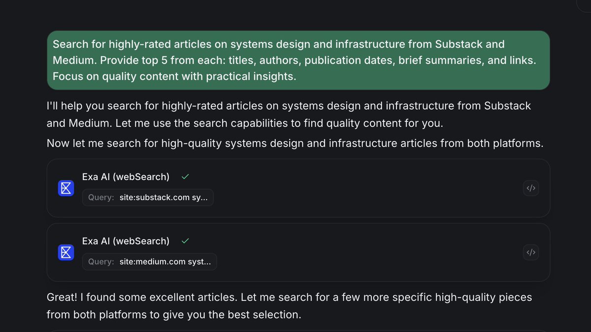 Hi_Mrinal's tweet image. This is my go to tool for collecting resources across all domains I work   
here's a simple prompt to fetch some GOATED articles about a certain I am currently working in from substack and medium