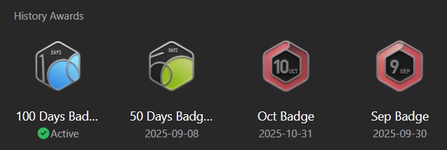 ParmanandKS's tweet image. Earned my #LeetCode DCC October 2025 badge! 💻🔥
That makes 4 badges this year:
🏅 50 Days | 🏅 DCC Sept | 🏅 100 Days | 🏅 DCC Oct
Consistency really pays off 🙌
Thanks @kunalstwt — your likes, comments & Teaching  kept me going! 💫
#Coding #DCC2025 #GrowthMindset #KeepLearning