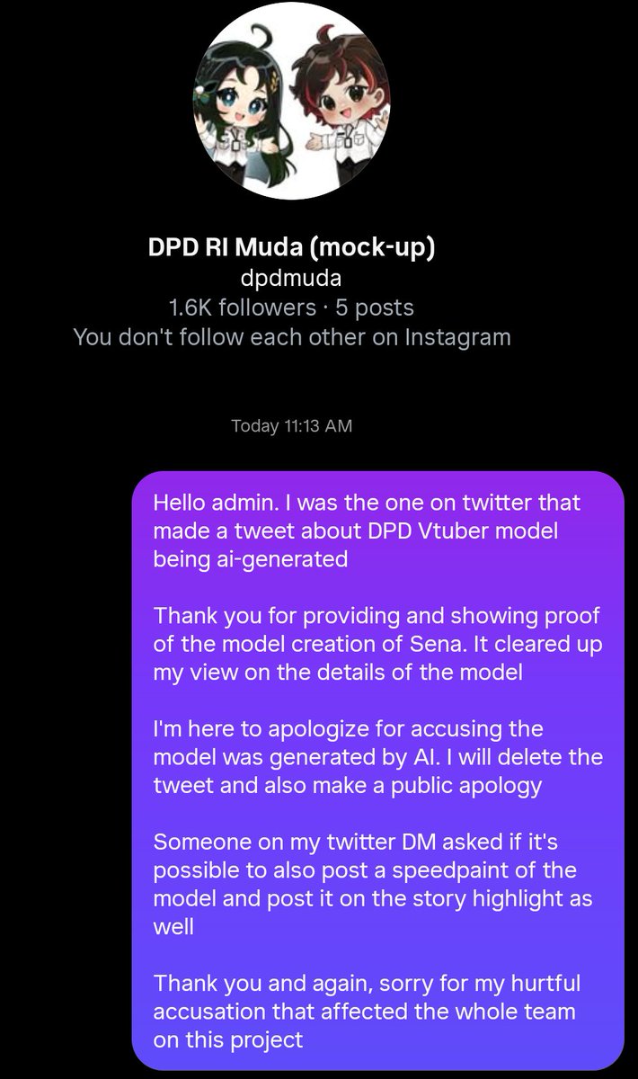thank you for oomf for sending me this tweet, it didn't appear on my notification. im here to apologize publicly for accusing the model of being generated by AI by pointing monor mistakes on the model

I've also directly apologized to the artist and the DPD account