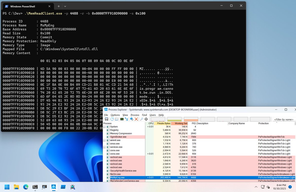 daem0nc0re's tweet image. Added a kernel driver to read arbitrary process memory (including Protected Process).
Also implemented a functionality to query memory mapping information.
github.com/daem0nc0re/Vec…
