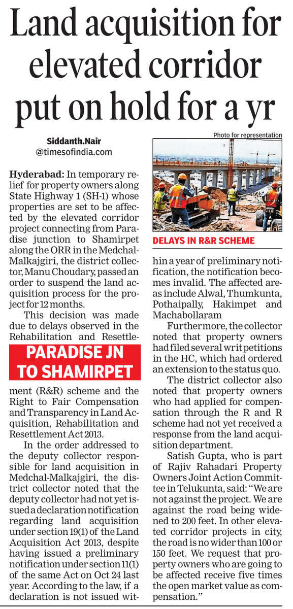 abhinavaduri9's tweet image. Land acquisition for the #ParadiseShamirpet elevated corridor along SH-1 has been put on hold for a year due to delays in the R&R scheme and legal issues.
Affected areas: Alwal, Thumkunta, Pothaipally, Hakimpet, Machabollaram.
Residents demand fair 5x compensation for properties
