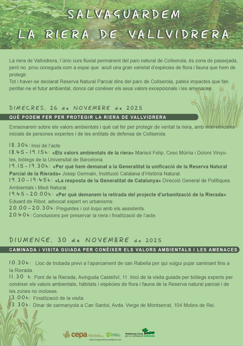 Guardeu-vos les dates per venir a escoltar veus coneixedores dels valors naturals i les necessitats  de la riera de Vallvidrera
