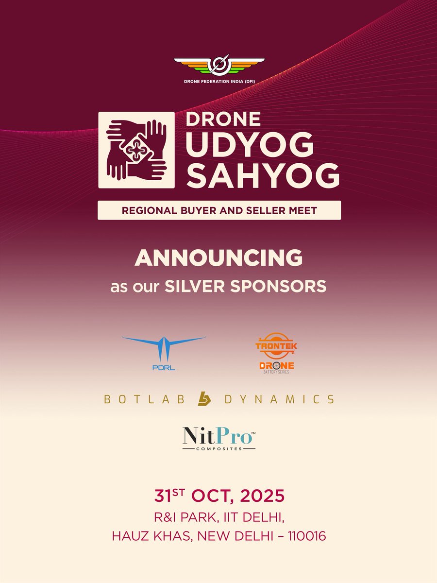dronefed's tweet image. It’s happening today!

Drone Udyog Sahyog 2025 kicks off at IIT Delhi, connecting India’s drone innovators and industry leaders. 🇮🇳

#DroneUdyogSahyog #DroneFederationIndia #MakeInIndia