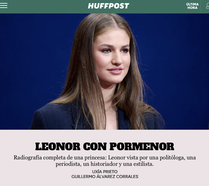 ElHuffPost's tweet photo. 🟢 AHORA, EN PORTADA
Radiografía completa de una princesa: Leonor vista por una politóloga, una periodista, un historiador y una estilista

✍️ @uxia10prieto  + @GuilleACorrales 

👉 https://t.co/jhSitrTUHc https://t.co/UDT4ibBEMw