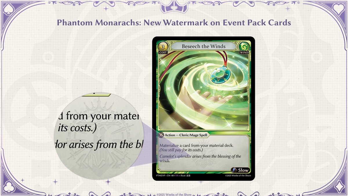 grandarchivetcg's tweet photo. Exciting updates are coming to Event Packs with Phantom Monarchs!

Introducing the full card list, which features reprints! All cards will feature a new watermark design, and there will be 6 Super Rare cards with completely new artwork, available exclusively in foil! https://t.co/4spUBppgyl