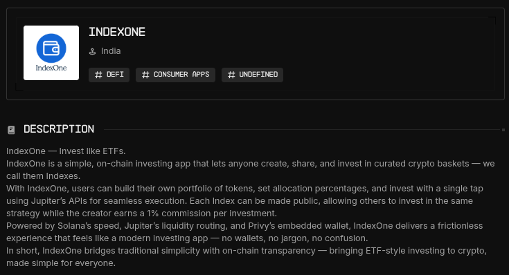1ndexOne's tweet image. Socializing investment strategies, while making investments in crypto easy for non crypto people.
Submitted for @colosseum 
arena.colosseum.org/hackathon/proj…