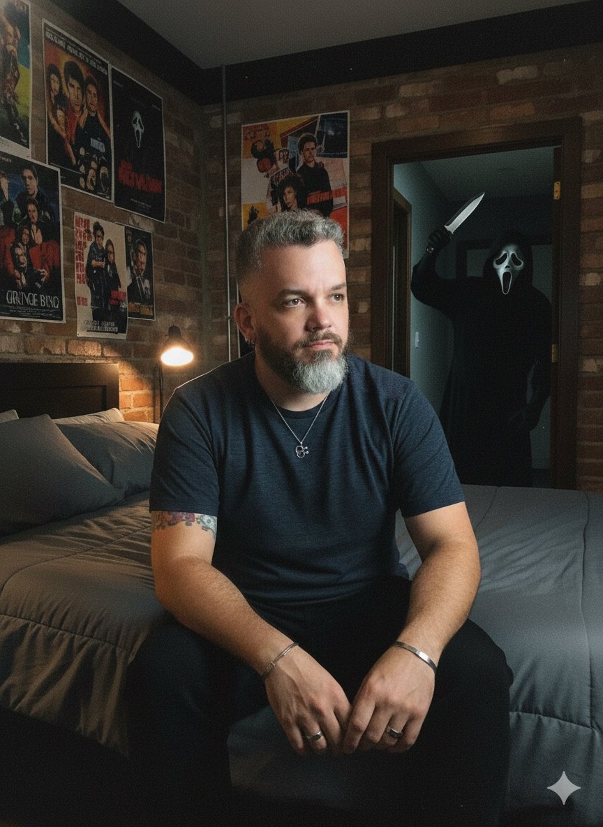 Só de boas em casa, longe dos perigos noturnos... Ou será que não? 😱🔪 #FelizHalloween #HappyHalloween