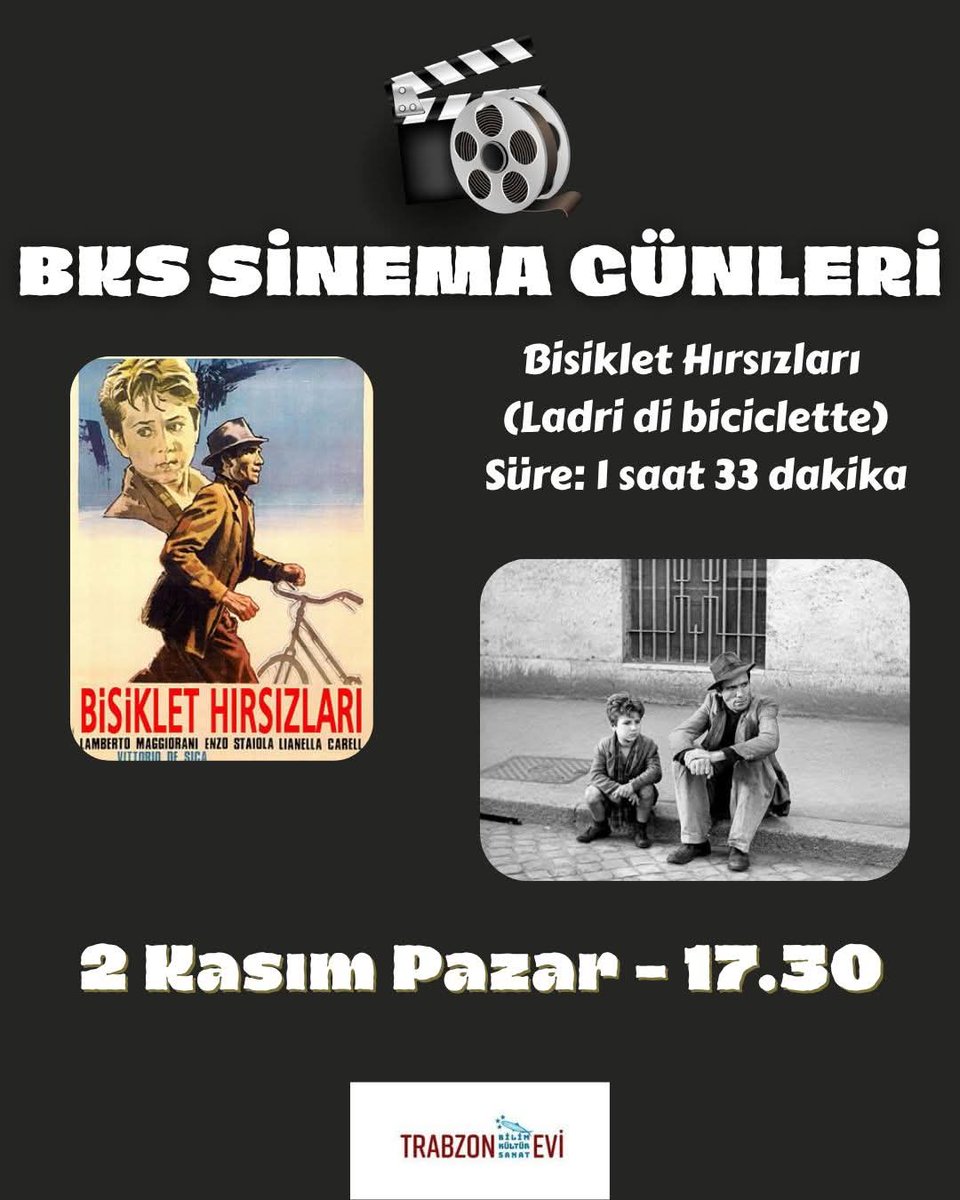 BKS Sinema Günlerinde haftanın filmi İtalyan Yeni Gerçekçilik akımının başyapıtlarından Bisiklet Hırsızları

📆 2 Kasım Pazar
🕕 17.30
📍 Trabzon Bilim Kültür Sanatevi