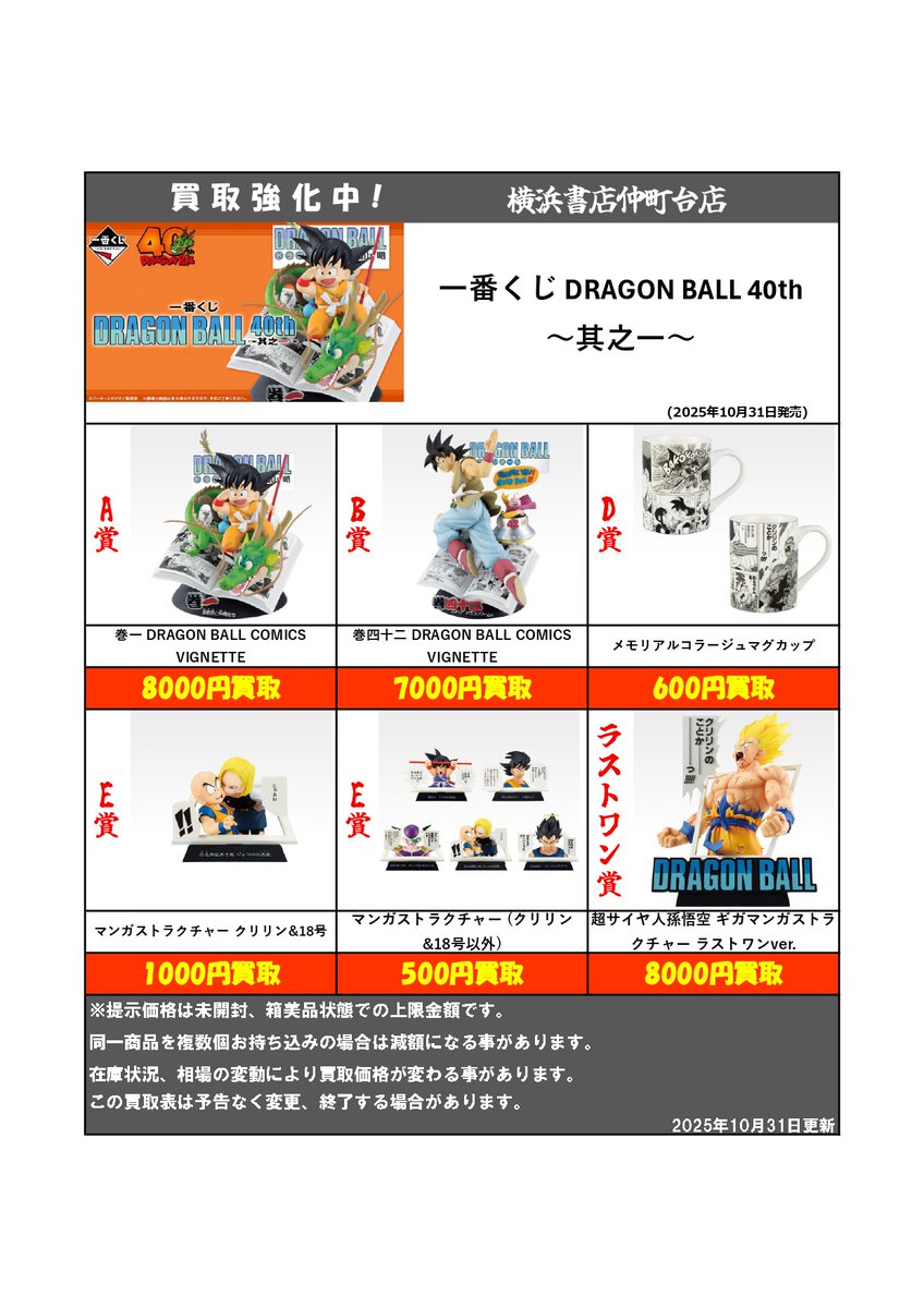 買取情報 】 #一番くじ DRAGON BALL 40th 其之一 買取表を作成致しまし