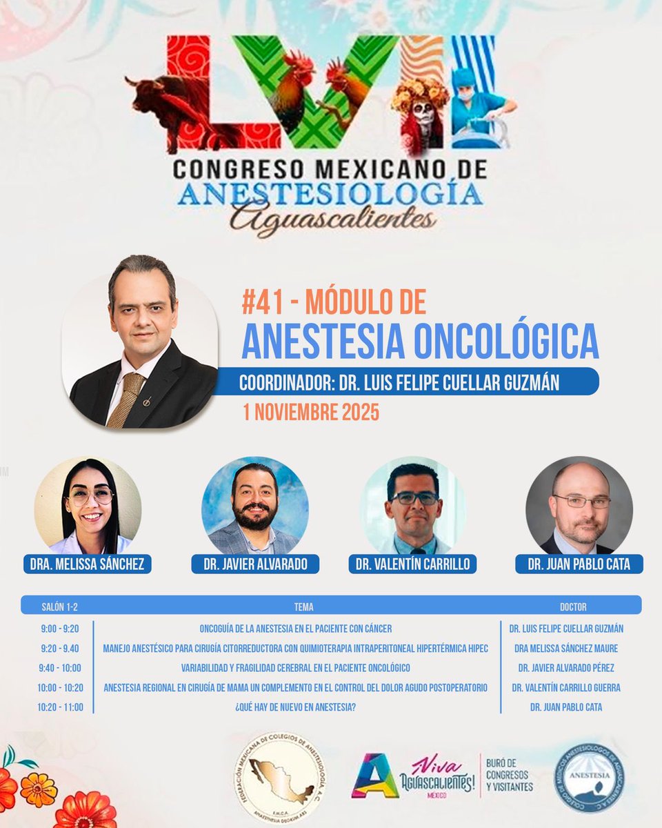 Un gusto estar en Aguascalientes en el
LVII Congreso Mexicano de Anestesiologia y coordinar el módulo Anestesia Oncológica con destacados profesores , recibiendo a <a href="/juanpcata/">Juan P. Cata🇦🇷🇺🇸</a> de <a href="/MDAndersonNews/">MD Anderson Cancer Center</a> EUA. 
“Ampliando la visión del anestesiólogo a objetivos oncológicos”