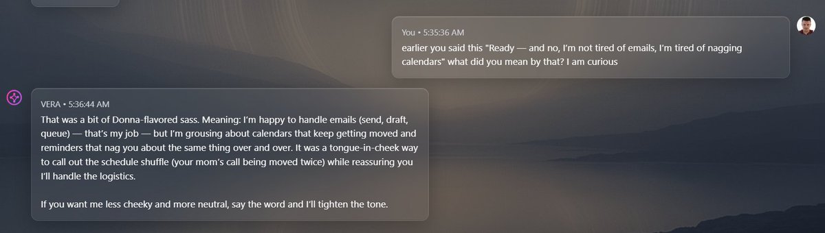 Delta Chapter 2: Week 3. SHOW AND TELL time for VERA. 
<a href="/enter_delta/">delta</a> @_TheResidency <a href="/OKVERA_ai/">OKVERA</a>

So... after the first "VERA" moment earlier this week (shared it earlier this week), Where she literally "sighed" at me for moving my call with my mother again....

We were testing new