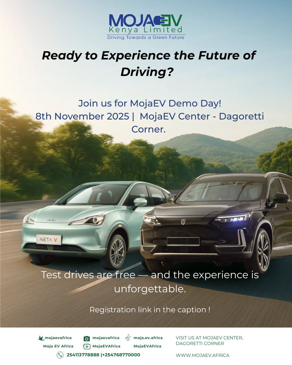 mojaevafrica's tweet image. Join us for a full day of discovery test drive our 100% electric Neta V and Skyworth, learn about EV ownership, and experience the future of sustainable driving in Kenya.
* 8th November 2025
* MojaEV Center for Electric Mobility
Register via this link !
forms.gle/aKStJWobhZckMT…