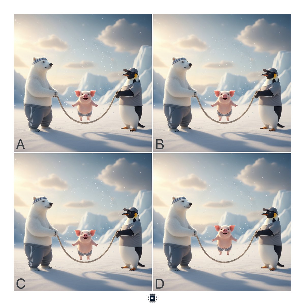 rolandzumbuehl's tweet image. KI-Vergleichsrätsel: "Seilspringen"
Welches ist das KI-Originalbild?
&gt;&gt; Als Lösung A, B, C oder D angeben.
Drei Bilder haben im Vergleich zum KI-Originalbild je einen veränderten Bildteil.
(Lösung nach 17:00 Uhr)