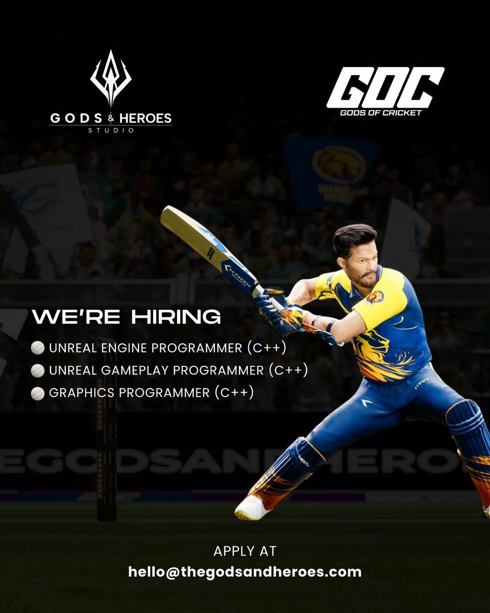 Thegodsandheros's tweet image. We’re growing at Gods & Heroes Studio! 🎮
Join us on Gods of Cricket (GOC) — an ambitious 1v1 to 11v11 multiplayer cricket experience 🏏
👾 Roles:
• Unreal Engine Programmer (C++)
• Gameplay Programmer (C++)
• Graphics Programmer (C++)
📩 Apply: hello@thegodsandheroes.