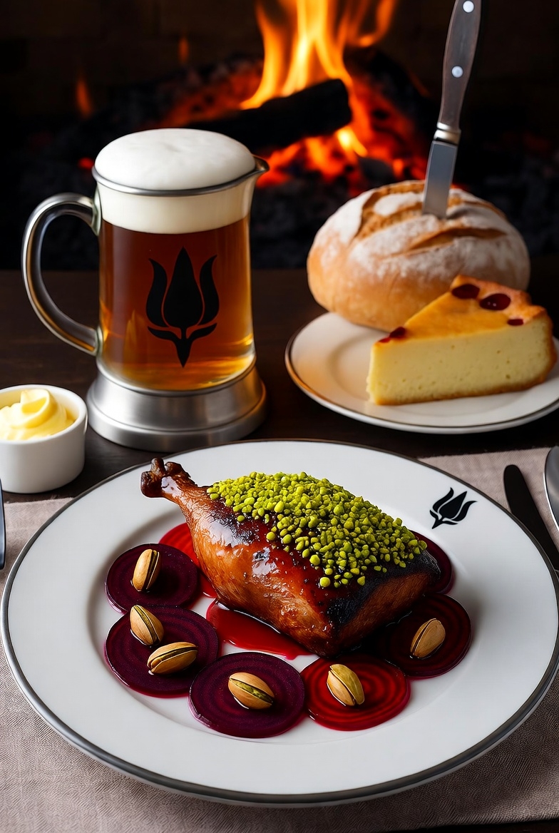 MySunnyD20's tweet photo. @grok Our pièce de résistance: 
Glazed duck with a pistachio crust, on a bed of roasted beats, served with a fresh baked loaf of bread and soft butter. Wash it down with a pint of our Iron Tulip Lager and enjoy a slice of clafoutis - a cherry and custard dessert. 1gp
#menu #dnd5e #Inn https://t.co/CtJF4cCc1q