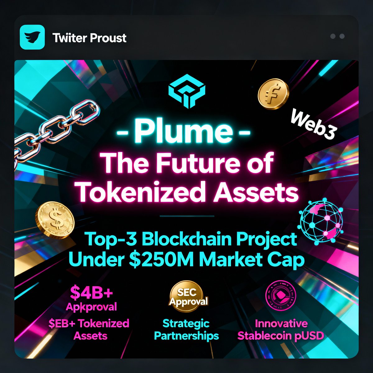 andruxan111's tweet photo. 🚀 Plume – Top-3 blockchain project under $250M market cap!
🏛️ The first modular network for tokenized real-world assets (RWA), SEC-approved as a transfer agent.
💰 Over $4B in tokenized assets live.
🤝 Partnerships with the industry's biggest players.
💸 Innovative stablecoin pUSD – setting a new reliability https://t.co/QD1WfUYyGm part of the new era of Web3 today!
@plume
