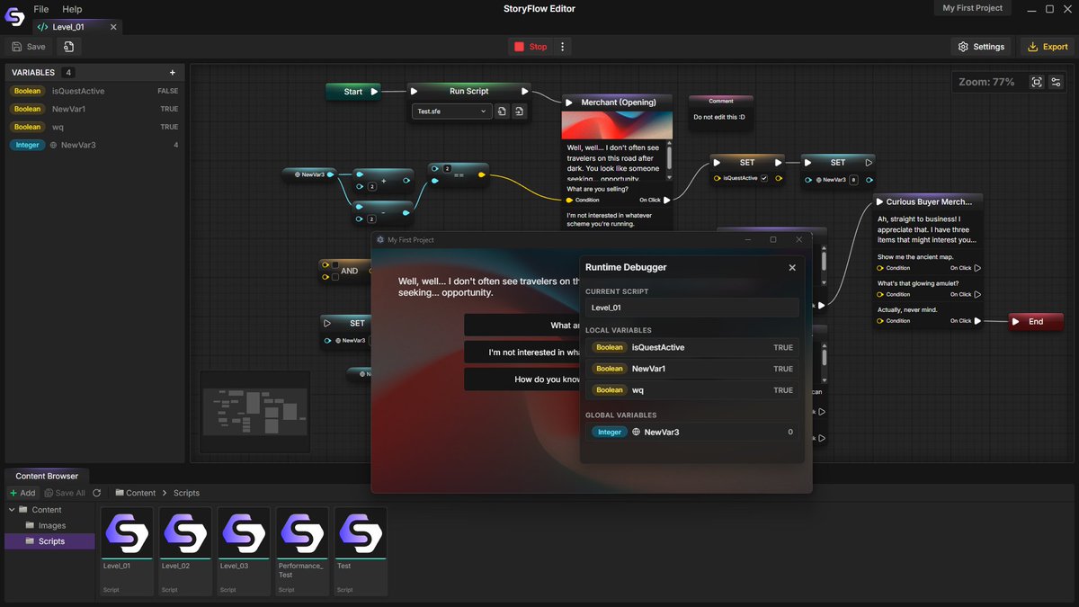 soulstices_dev's tweet image. Just added integer variables + a runtime debugger! 
Honestly didn't think I'd have time to get this done before release, but here we are. The debugger makes it so much easier to see what's happening with your variables in real-time.
#gamedev #indiedev #visualscripting