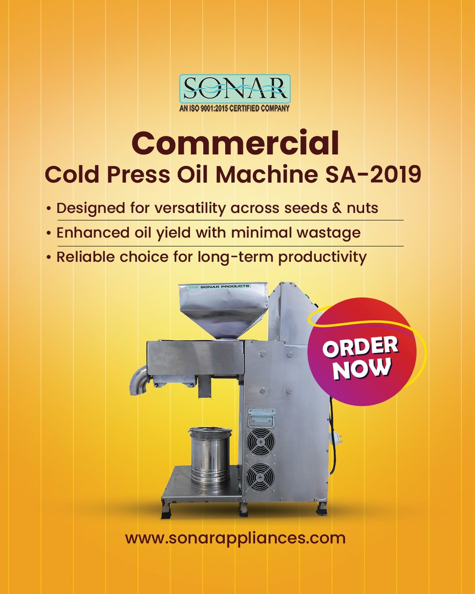 sonarappliances's tweet image. 𝐒𝐨𝐧𝐚𝐫 𝐒𝐀-𝟐𝟎𝟏𝟗 – 𝐂𝐨𝐦𝐦𝐞𝐫𝐜𝐢𝐚𝐥 𝐂𝐨𝐥𝐝 𝐏𝐫𝐞𝐬𝐬 𝐎𝐢𝐥 𝐌𝐚𝐜𝐡𝐢𝐧𝐞

📞9811163800
📧 sonar2025@gmail.com

#SonarAppliances #SonarColdPressOilMachine #PureOilExtraction #SmartBusinessChoice #HealthyLiving #KitchenEssentials