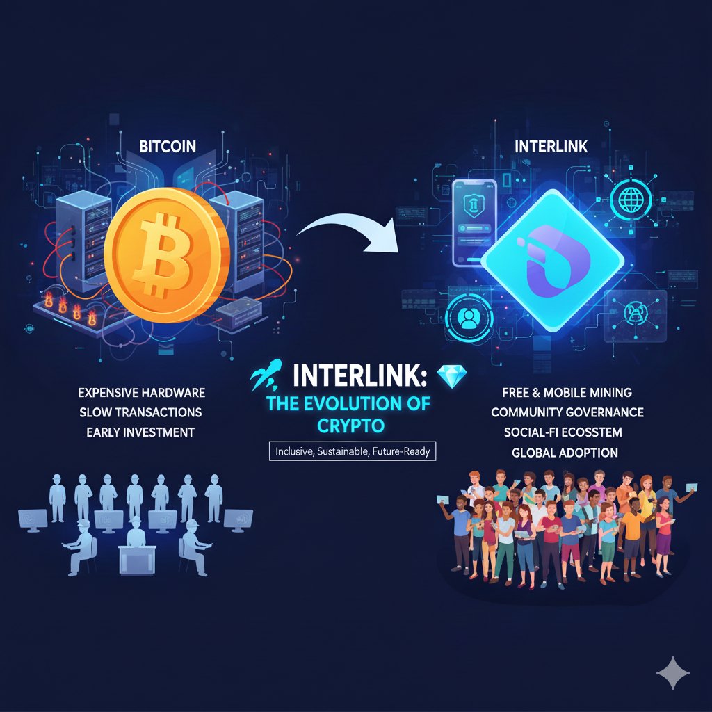 🚀 Why Interlink is Different from Bitcoin 💎

While Bitcoin revolutionized digital currency, Interlink is redefining how we interact, earn, and grow in the crypto space. Here’s why Interlink stands out:

1️⃣ Accessible Mining for Everyone
Unlike Bitcoin, which requires expensive