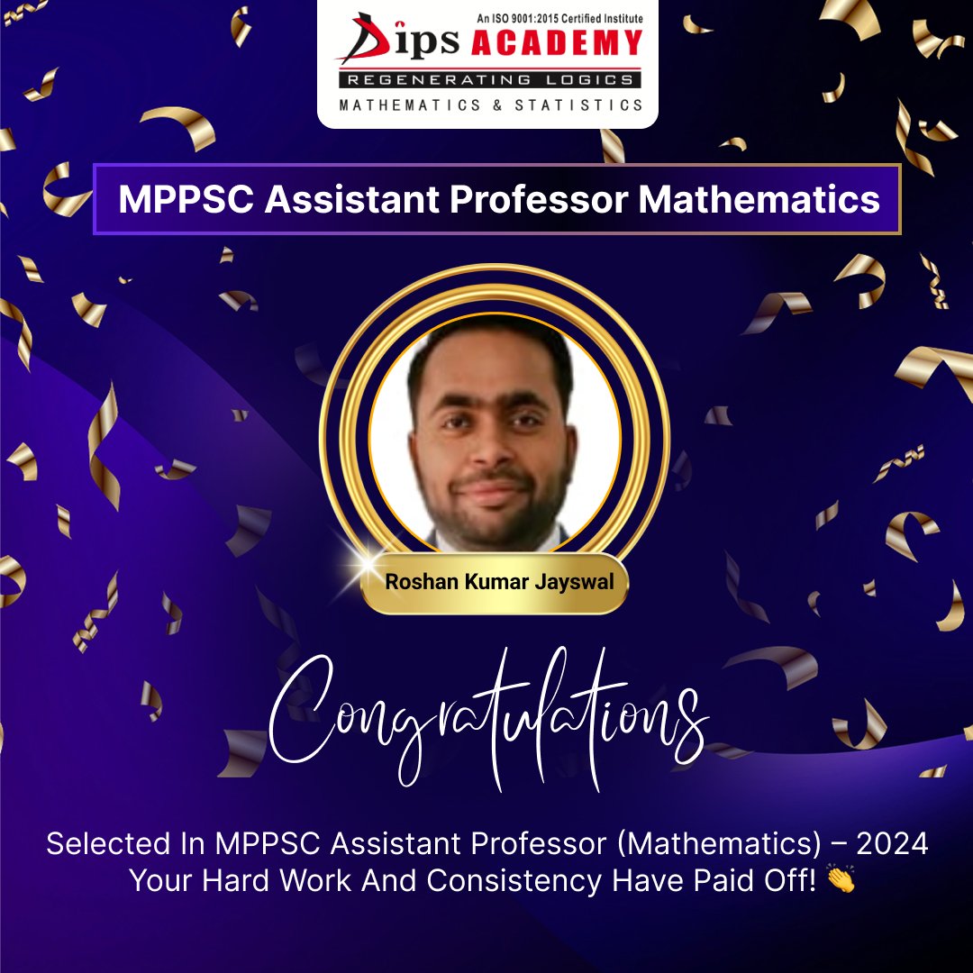 dipsacademymath's tweet image. 🎉 CONGRATULATIONS, 𝗥𝗼𝘀𝗵𝗮𝗻 𝗸𝘂𝗺𝗮𝗿 𝗝𝗮𝘆𝘀𝘄𝗮𝗹 🎉 for qualifying the 𝗠𝗣𝗣𝗦𝗖 𝗔𝘀𝘀𝗶𝘀𝘁𝗮𝗻𝘁 𝗣𝗿𝗼𝗳𝗲𝘀𝘀𝗼𝗿 (𝗠𝗮𝘁𝗵𝗲𝗺𝗮𝘁𝗶𝗰𝘀) 𝗘𝘅𝗮𝗺 𝟮𝟬𝟮𝟰! 🏆

We are extremely proud of you!

#mppsc #AssistantProfessor #mathematics #SardarVallabhbhaiPatel