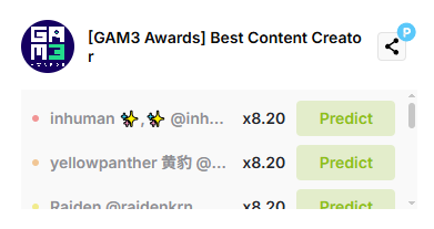PredictGo's tweet image. 🎥Best Content Creator Prediction🎥
1) inhuman ✨,✨ @inhuman 
2) yellowpanther 黄豹 @yellowpantherx 
3) Raiden @raidenkrn 
4) Zyrick | Ancient8 @zyrickonline 
5) Spike 💫 @SpikeCollects 
6) Sam Steffanina @SamSteffanina 
7) Stephy @stephyberry_ 
8) cagy.ron | youtube/cagyjan…