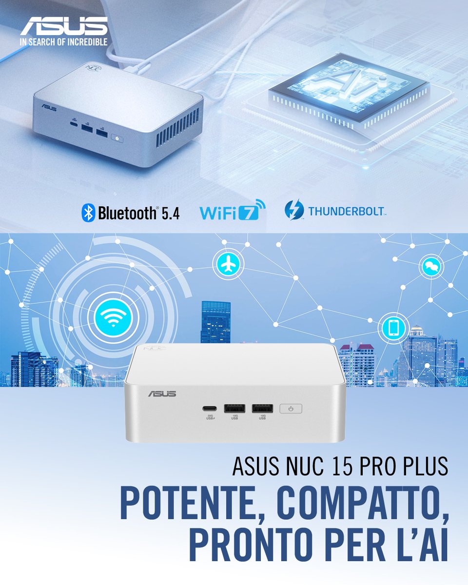 ✨💡 ASUS NUC 15 PRO PLUS ridefinisce il concetto di MiniPC.

Progettato per professionisti, content creator e sviluppatori, combina prestazioni di livello desktop con un design ultracompatto e silenzioso.

Scopri di più: asus.com/it/displays-de…