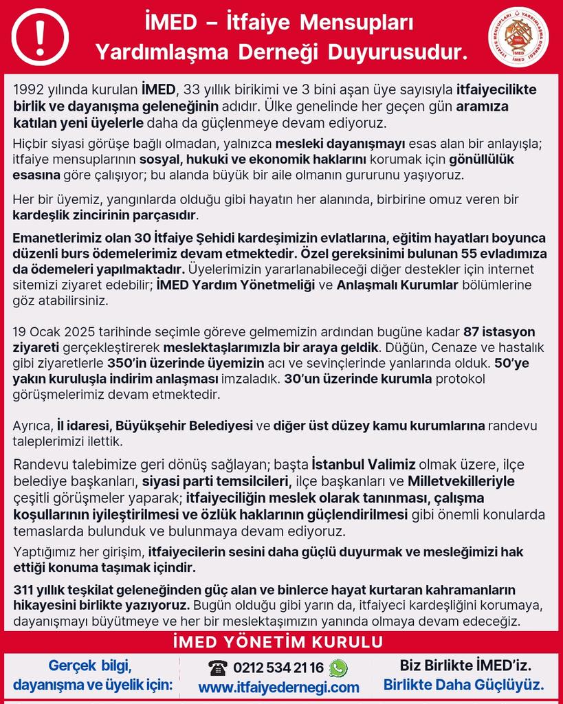 İMED - İtfaiye Mensupları Yardımlaşma Derneği Duyurusudur!

#İMED #İtfaiyeciKardeşliği #BirlikteGüçlüyüz