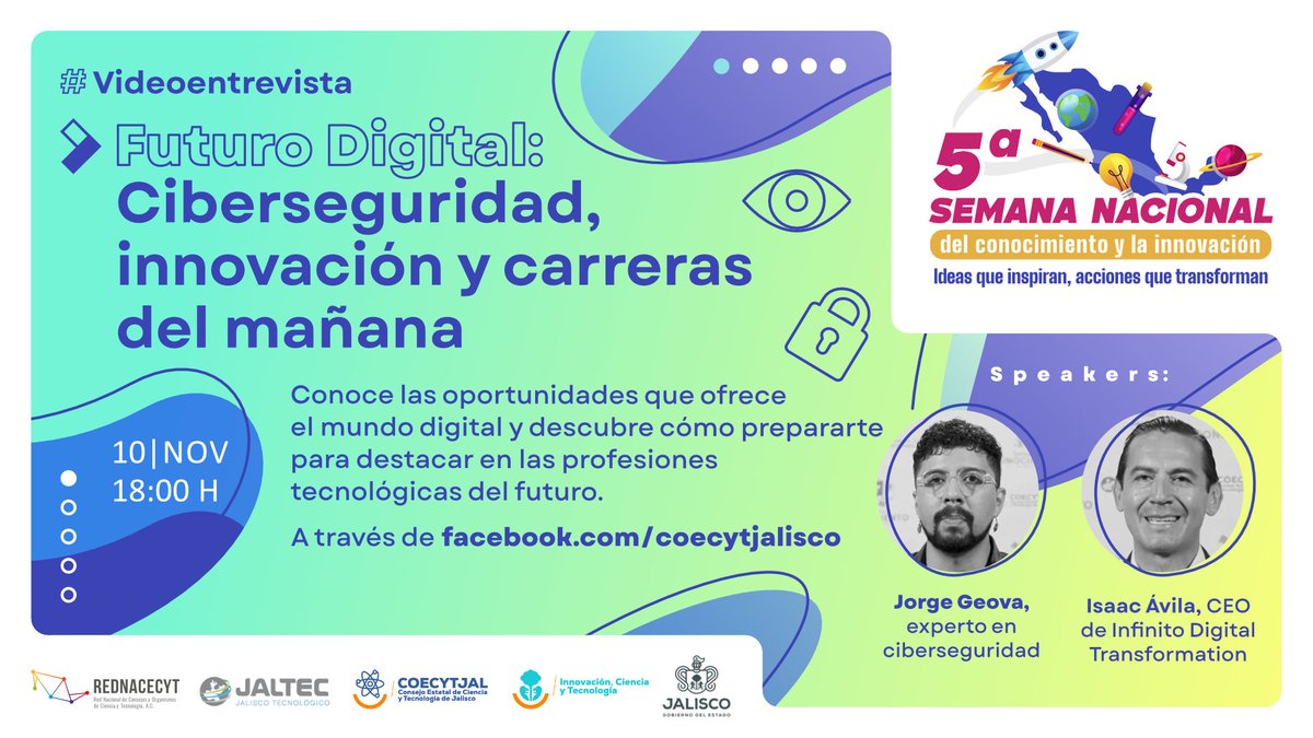 ¿Sabes cuáles son las carreras que están marcando el futuro? Acompaña a Jorge Geova e Isaac Ávila y conoce cómo la innovación y la ciberseguridad están moldeando las profesiones del mañana.
🗓️ 10 NOV · 18:00 h
👉 facebook.com/coecytjalisco
#SemanaDelConocimiento <a href="/Rednacecyt/">REDNACECYT</a>