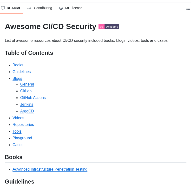 tom_doerr's tweet photo. List of resources about CI/CD security https://t.co/qnjhSyUUUX