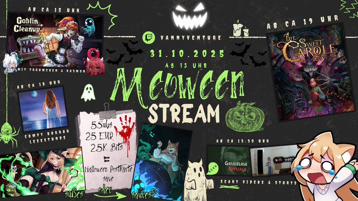 VannyVenture's tweet photo. HAPPY MEOWEEN!! 💚

13 Uhr startet der Halloween Special Stream! Es gibt Halloween Postkarten und andere giveaways zu gewinnen :3 

Ich freu mich auf euch... falls ihr euch traut 👀

https://t.co/vTGVBluTge ✨ https://t.co/dcgSL9RZER