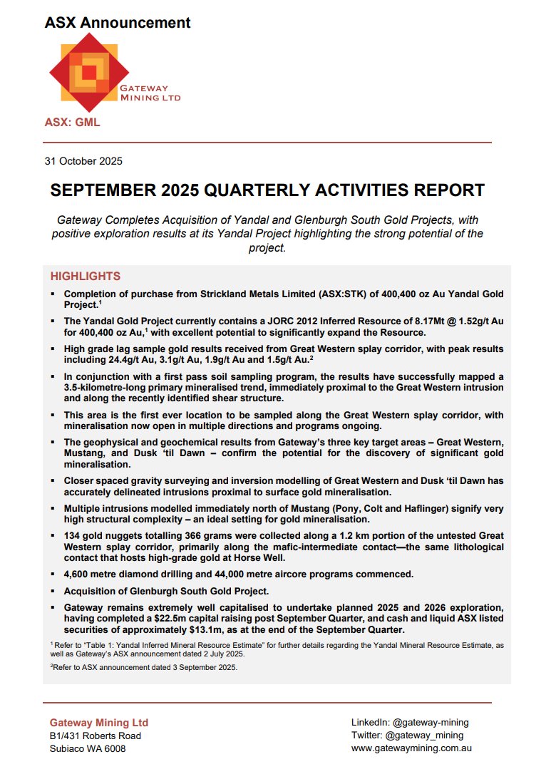 gateway_mining's tweet image. Gateway Mining is pleased to provide its quarterly activities report for the period ending 30 September 2025.

Read more here: ow.ly/mWKm50XkKKc

$GML #gold #exploration #WA #ASX #QuarterlyReport
