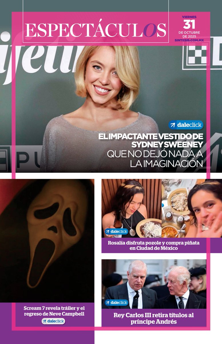 📰🗞️ Hoy en las portadas:

🔎Investigan fiesta en Penal de San Miguel

👥Rescatan a 28 en altamar frente a Sinaloa

🖼️Detienen a cinco por el robo del Louvre

👗 El impactante vestido de Sydney Sweeney

⚽Messi, el mejor pagado

La información en ⬇️

sintesisdigital.com.mx:8383/flipsint/31102…