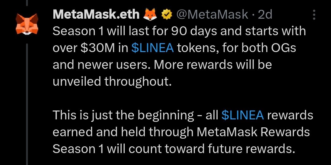Point 4 
Check point 4 

Check tweet $30M in reward 

Check tweet of <a href="/MetaMask/">MetaMask 🦊</a>
It's $30M in $linea 

If you say 30M linea token ,
375K $ only 
Metamask daily revenue 100k + 

Ohh no , that's also in multiple season 
It's mean per season 10k 

Check point 4 🤣😂

<a href="/community_fist/">Community Fist</a>