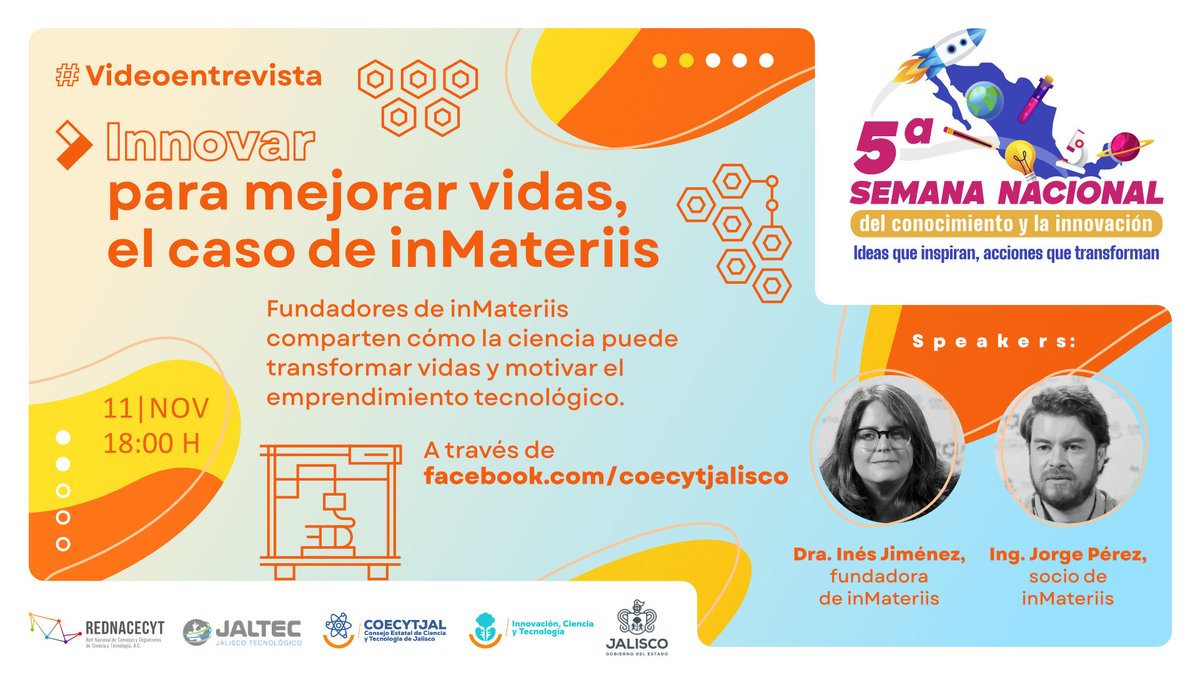 La ciencia también emprende. Inés Jiménez y Jorge Pérez nos muestran cómo inMateriis transforma ideas científicas en innovación con impacto social.
#5taSNDelConocimiento <a href="/Rednacecyt/">REDNACECYT</a> 
🗓️ 11 NOV · 18:00 h
👉 facebook.com/coecytjalisco