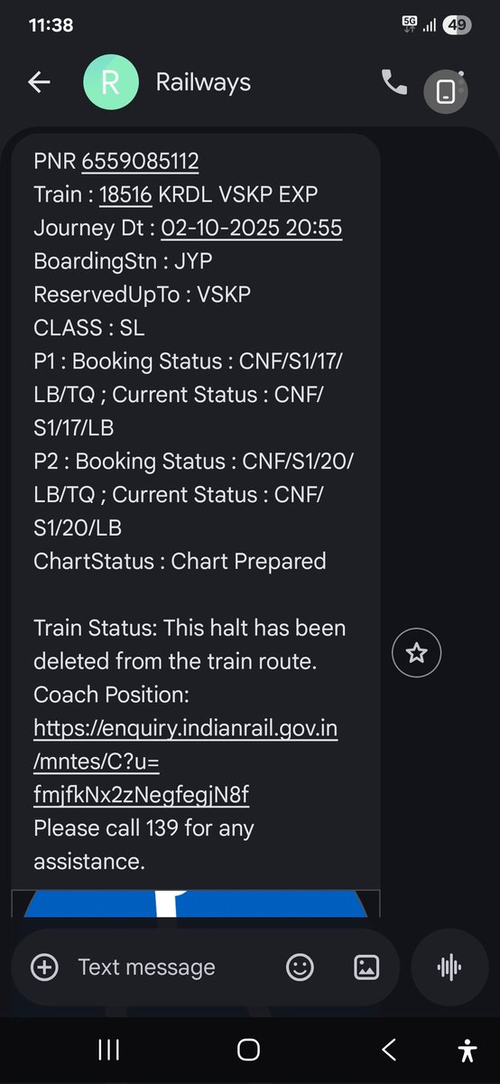 powil1539's tweet photo. Train halt was canceled, did not reach its destination.When filed TDR, it showed that I would not receive any refund. My mother and her friend traveling to Vizag for a medical appointment, but they couldn't go. Also refund not get yet @AshwiniVaishnaw @RailMinIndia @IRCTCofficial https://t.co/rfaWkwpqpN