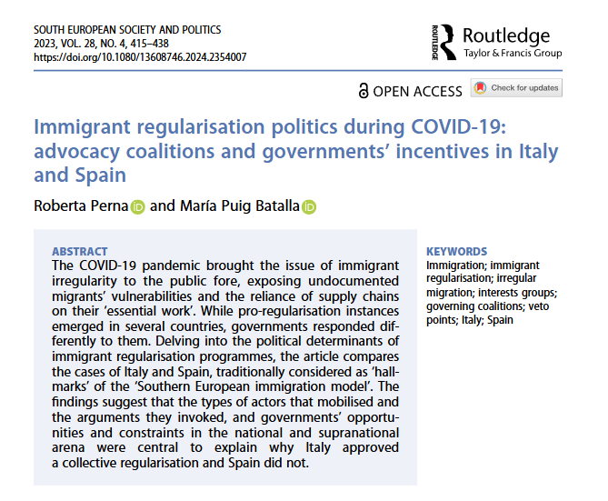 sesp_j's tweet image. 💡 @roberta_perna &amp;amp; M. Puig Batalla FIND… 💡
‘the type of actors that mobilised in favour of a collective #regularisation and their arguments [] were central in shaping policy outcomes’ in #Italy and #Spain

🔓Read #OPENACCESS 👇
tandfonline.com/doi/full/10.10…