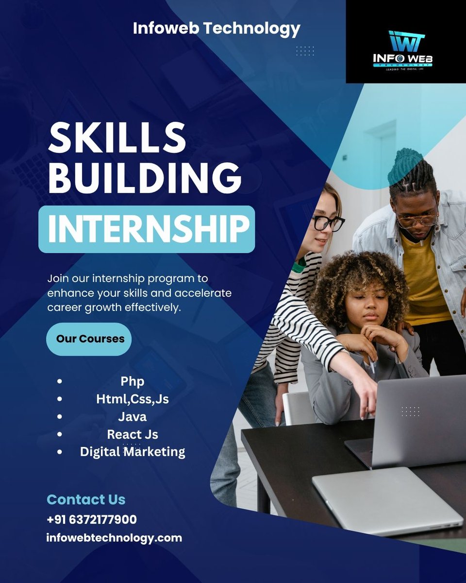 infowebtech26's tweet image. 🚀 Build your skills &amp;amp; boost your career!
Join the Skills Building Internship at Infoweb Technology — learn PHP, HTML, CSS, JS, Java, React &amp;amp; Digital Marketing from experts.
📞 6372177900 | 🌐 infowebtechnology.com
#Internship #InfowebTechnology #SkillBuilding #WebDevelopment