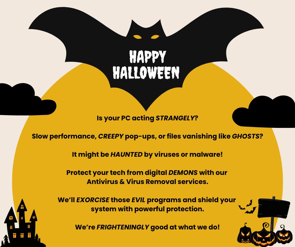 🎃👻 Don’t Let Your PC Get Possessed This Halloween! Come in and see us before your PC turns into a Zombie! We’ll keep your tech safe from the supernatural. 👻🎃 #PCWakeup #Ipswich #Suffolk
