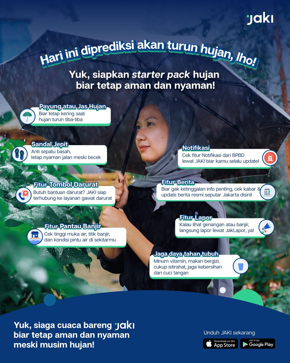 JSCLab's tweet image. Halo SmartCitizen,
Menurut @infoBMKG hujan diperkirakan turun di Jakarta hari ini, dengan intensitas ringan hingga sedang dari siang sampai malam. 🌧️
Yuk, siap siaga dari sekarang!
#JAKI #JakartaKini #JagaJakarta #BikinGampang #PantauBanjir #dkijakarta #jakartasiaga