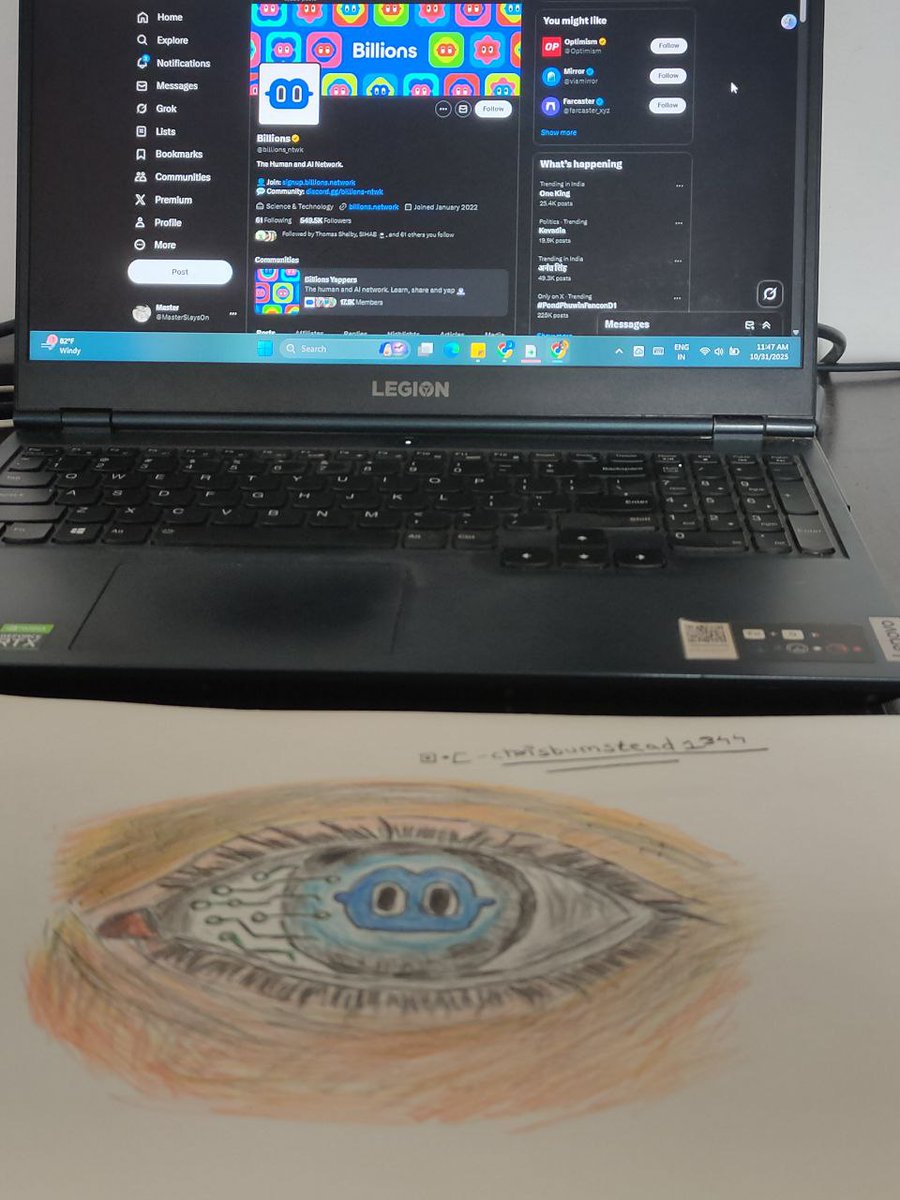 MasterSlaysOn's tweet image. A hand-drawn reflection of connection — where emotion meets intelligence, and creativity finds new life through both.
The Billions Eye — seeing the future together. 👁️💡
@billions_ntwk @jgonzalezferrer @XtremeeeAnash
#Billions #AIArt #HumanityAndTech #DigitalSoul