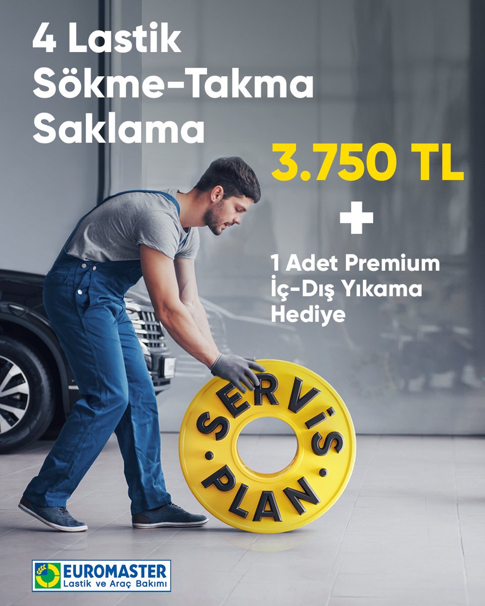 Servis Plan üyeleri lastik sökme-takma ve saklamayı dert etmez! Euromaster güvencesiyle 3.750 TL özel fiyat avantajından faydalanmak ve bu kampanyaya özel 1 adet premium iç-dış yıkama hediyesi fırsatını kaçırmamak için Servis Plan'ı hemen indirin. servisplan.go.link/5D0T4