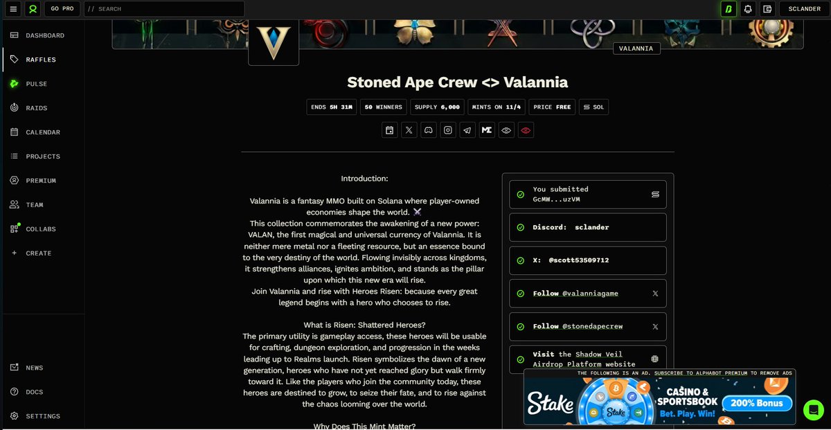 scott53509712's tweet photo. 🚨⌛️ Time sensitive..... 5hrs left to enter ⌛️🚨

FREE mint for @ValanniaGame minting on Solana network and minting threw @MagicEden website

Raffle found on @alphabot 🫡 https://t.co/dTxytaqvol