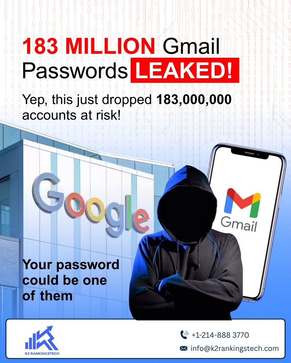 k2rankings's tweet image. 🔒 Change your passwords. Enable 2FA. Stay protected.

At K2 Rankings Tech, we help businesses stay secure, smart, and digitally ahead.
#K2RankingsTech #CyberSecurity #DataBreach #GmailLeak #DigitalSafety #StayProtected #TechNews #OnlineSecurity #PasswordLeak #DigitalAwareness